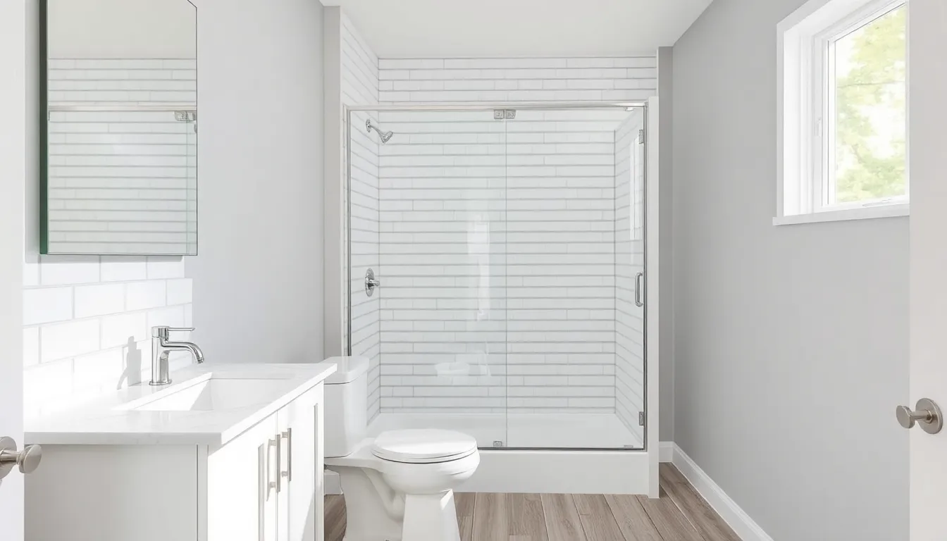A spacious, beautifully tiled curbless roll-in shower, a clear and accessible alternative to a walk-in tub, featuring a wall-mounted fold-down seat, multiple grab bars, and a handheld shower wand.