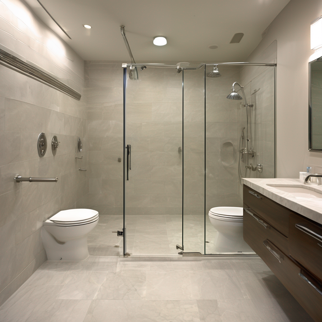 A beautifully designed, dementia-safe bathroom featuring a zero-threshold walk-in shower with a built-in bench, high-contrast grab bars, and uniform, non-slip flooring.