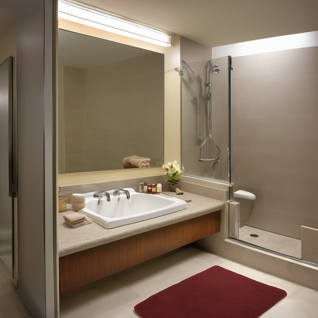 A modern, accessible walk-in shower with a dual shower head system, showcasing both a fixed rainfall head and a versatile handheld wand.