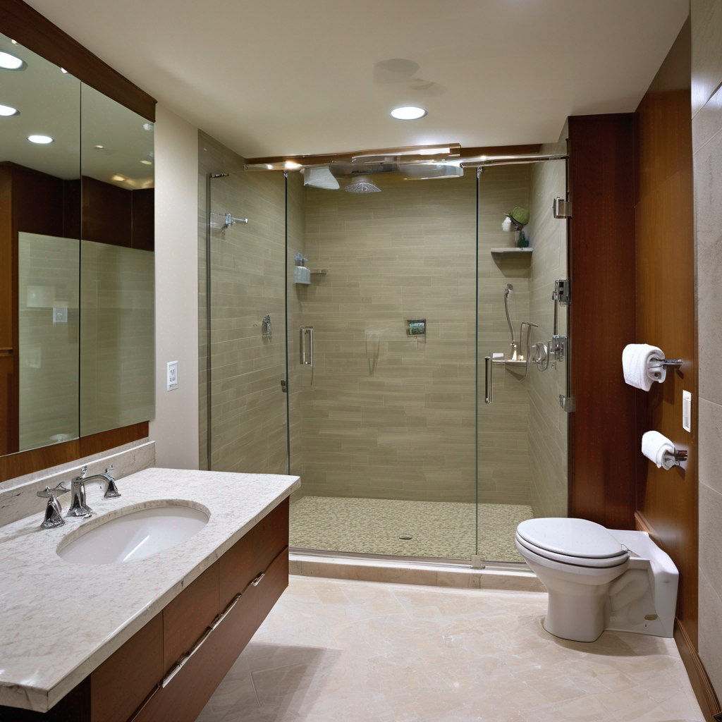 A bright, clean bathroom with a one-piece white fiberglass walk-in shower unit, demonstrating its seamless construction and built-in shelving.