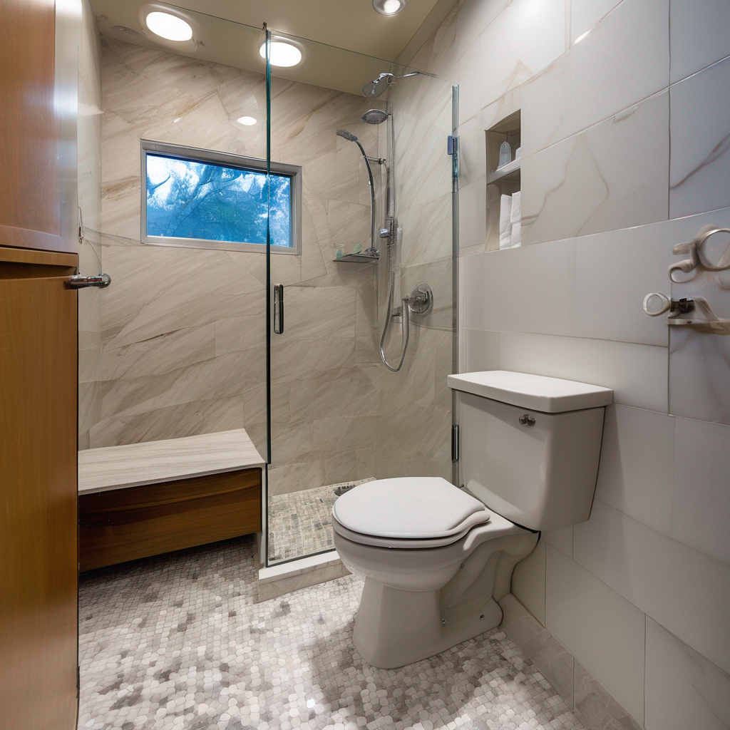A stylish accessible bathroom featuring a warm wood-toned floating vanity providing ample knee clearance for wheelchair users, paired with a modern vessel sink and an easy-to-use lever handle faucet.