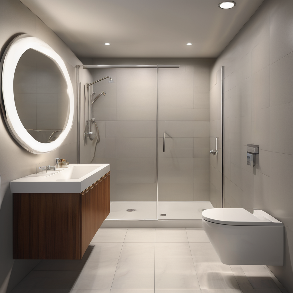 A modern, accessible bathroom with a curbless shower, a sleek wall-mounted toilet, and elegant, minimalist grab bars that blend into the design.